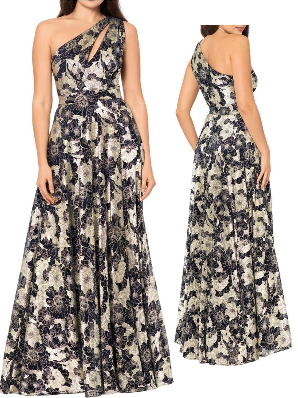 Betsy & Adam One-Shoulder Floral Gown (Navy and Gold)